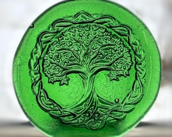 Handmade Celtic Tree of Life Recycled Bottle Glass Medallion Stained Glass Rondel Suncatcher