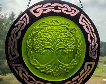 Handmade Tree of Life Circular Stained Glass Suncatcher Made from Recycled Glass