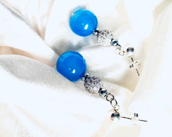 Boucles d'oreilles Agates bleues ,hématites ,Argent Strass