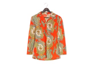SALE! Orange Ornamental Vintage Shirt, Soft Long Sleeve Vintage Blouse