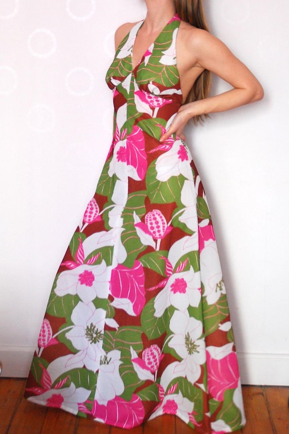 Vibrant Colors Long Floral Maxi Dress Halterneck … - image 1
