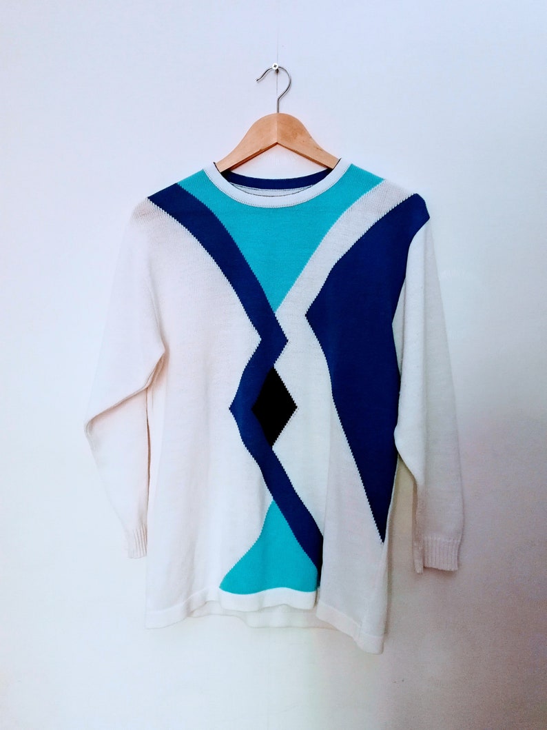 Geometric Pattern Stright Knitted Sweater White Vintage Jumper With ...