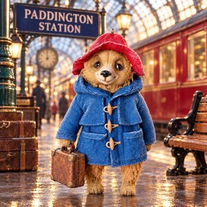 May include: A plush bear figurine wearing a bright red felt hat and a textured blue duffle coat with three wooden toggle closures. The bear has light brown fur and is holding a small, rectangular brown suitcase with metallic corner accents.
