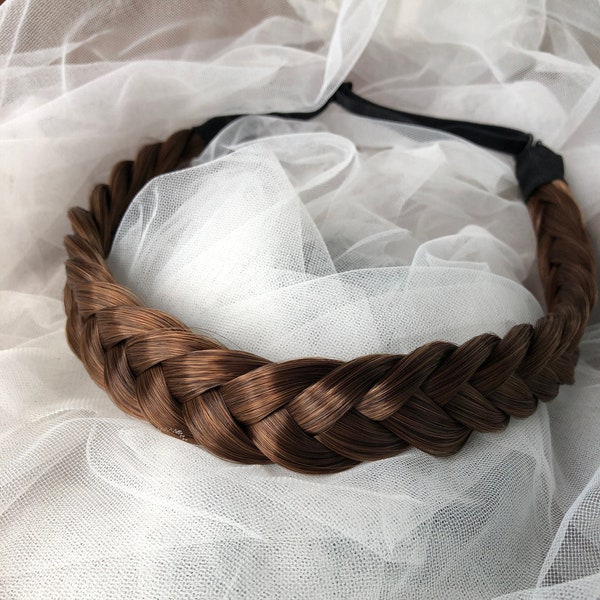 Two strands chestnut brown mixed Headband, golden brown braided headband,  Messy headband braids, braid extensions