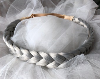 Cosplay greyish headband, two strands fishtail salty gray white braided headband, mother headband braids, braid extensions