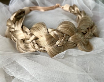 Unique bohemian wedding braids headband, light honey blonde wide boho braided headband, French headband braids extensions