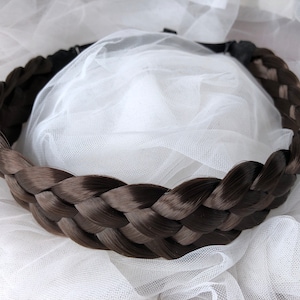 Dark brown braided Headband, Fishbone Five strands Boho wedding headband, Wide French headband braids, braid extensions