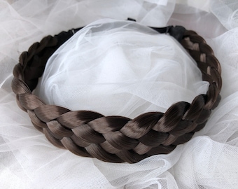 Dark brown braided Headband, Fishbone Five strands Boho wedding headband, Wide French headband braids, braid extensions