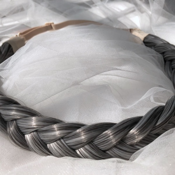 Cosplay headband, two strands fishtail gray black braided headband, silver French headband braids, braid extensions