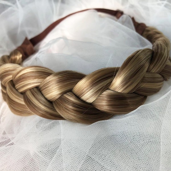 Three strands Brown blonde Headband, Boho wedding highlight brown braided headband, French headband braids, braid extensions