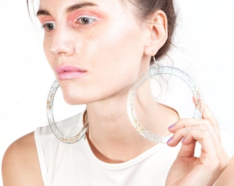 Extra Large Hoop Earrings, Huge Sparkly Party Hoops, 4 Inch Laser Cut Clear Acrylic Festival Hoops, Funky Extravagant Disco Glitter Hoops