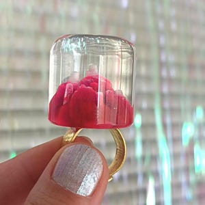 Fluo Pink Ring, Huge Acrylic Ring, OOAK Ring, Large Lucite Ring, Big Statement Rings, Cocktail Rings, Clear Adjustable Ring