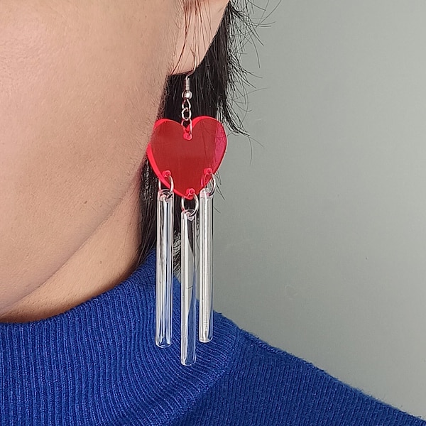 Rain Heart Earrings, Fuchsia Drop Earrings, Acrylic Earrings, Clear Resin Dangle Earrings, 80s Style Love Earrings, Fluo Stick Earrings