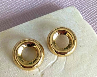 Gold Chunky Hoop Earrings, Golden Rounded Statement Earrings, Large Donut Earrings, Big Brass Bold Earrings, Vintage Style Hoop Earrings