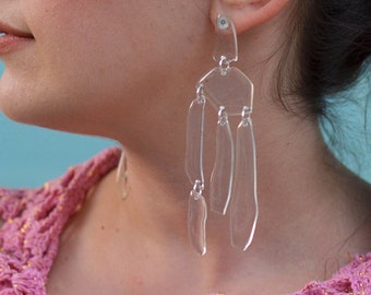 Oversized Chandelier Earrings, Big Lucite Earrings, Crystal Clear Statement Earrings, Large Acrylic Dangle Earrings, Epoxy Resin Earrings