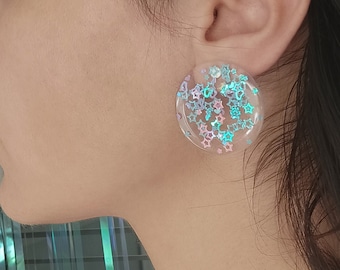 Pendientes brillantes, pendientes de disco de resina grande, pendientes de corazón de estrella, pendientes de declaración, pendientes de acrílico transparente, pendientes de arco iris pastel