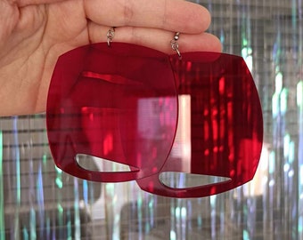 Red Statement Earrings, Large Acrylic Earrings, Big Transparent Earrings, Square Avant Garde Earrings, Bold Plexiglass Dangle Earrings