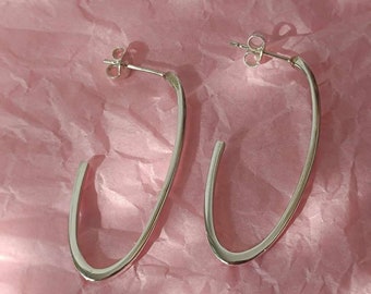 Sterling Silver Hoop Earrings, Silver Oval Hoops Earrings, Everyday Earrings, Minimalist 925 Hoop Earrings, Long Hoop Dangles, Gift Idea