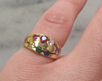 Rainbow Rings, Gold Ring with Rainbow Zirconia, Wide Band Ring with Colorful Stone, Vintage Style Ring, Raw Brass Ring, Sterling Silver Ring