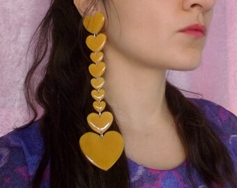 Extra Long Heart Earrings, Very Long Yellow Gold Acrylic Earrings, Huge Extravagant Earrings, Party Earrings, Shoulder Duster Earrings