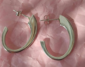 Silver Hoop Earrings, Sterling Silver Oval Hoops Earrings, Everyday Earrings, Minimalist 925 Hoop Earrings, Long Hoop Dangles, Gift for Her