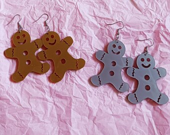 Gingerbread Dangle Earrings, Christmas Acrylic Earrings, Gold Laser Cut Jewelry, Xmas Earrings, Holiday Jewellery, Silver Gingerbreadman