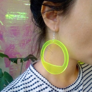 Neon Acrylic Hoop Earrings, Large Fluorescent Earrings, 3 Inch Fluo Green Hoops, Oversized Festival Statement Earrings, Big Party Hoops image 6