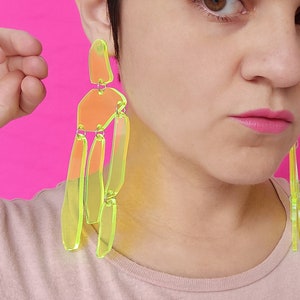 Fluo Green Statement Earrings, Big Fluorescent Acrylic Earrings, Large Drop Earrings, Neon Yellow Organic Earring, Clear Chandelier Earrings