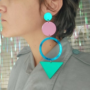 Large Mirrored Earrings, Extra Long Mismatched Geometric Earrings, Mirror Acrylic Statement Earrings, Huge Blue Pink Green Circle Earrings