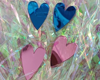 Mirror Arylic Heart Earrings, Blue Pink Mirrored Love Earrings, Laser Cut Post Earrings, 80's Inspired Disco Earrings, Plexiglass Jewellery