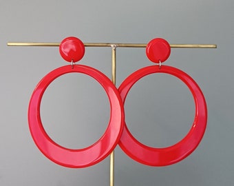 Red Hoop Earrings, Large Acrylic Hoops, Bold Mod Earrings, 70s Inspired Earrings, 60s 50s Style Jewelry, Post Dangle Hoops, Big Red Earrings