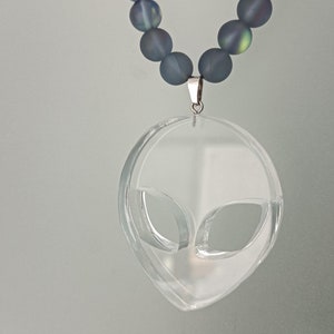 Alien Pendant Necklace, Big Acrylic Ufo Necklace, Iridescent Lucite Space Chocker, Transparent Alien Head Necklace, Clear Sci-Fi Necklace
