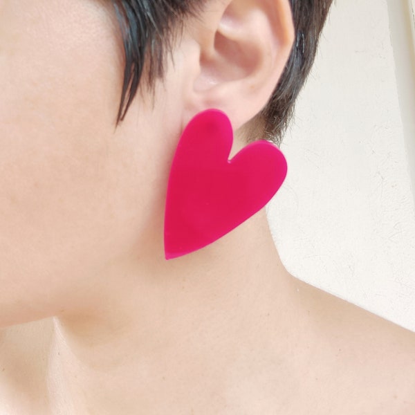 Fuchsia Heart Earrings, Hot Pink Acrylic Earrings, Large Laser Cut Herats Stud Earrings, Big Heart Post Earrings, Plexiglass Love Earrings