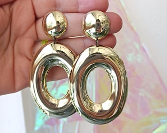 Large Oval Earrings, Gold Tone Statement Earrings, Big Brass Chunky Earrings, Huge Vintage Style Hoop Earrings, Retro Post Dangle Earrings