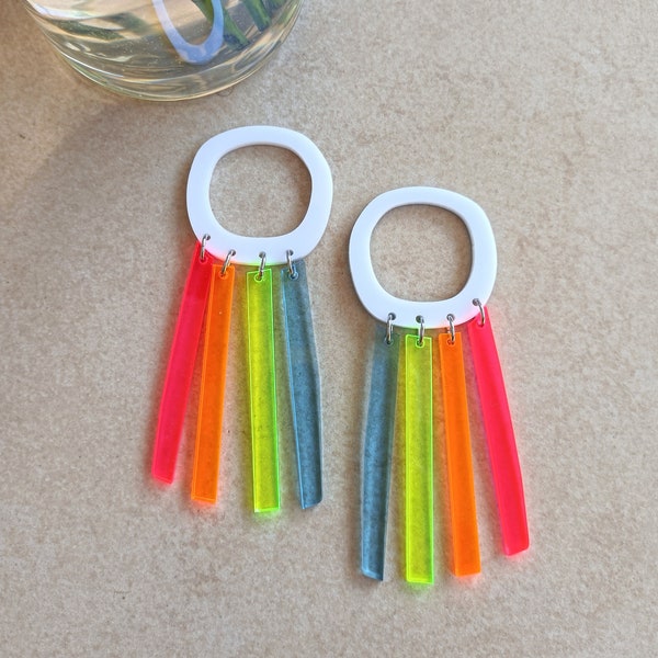 Rainbow Earrings, Long Colorful Acrylic Earrings, Neon Clear Statement Earrings, Fluorescent  Dangle Earrings, Festival Multicolor Earrings