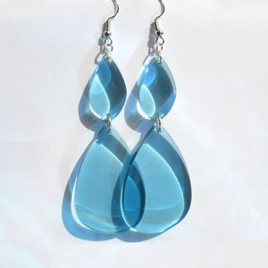 Aqua Blue Teardrop Earrings, Clear Acrylic Drop Earrings, Laser Cut Raindrop Earrings, Transparent Resin Dangles, Elegant Womens Earrings