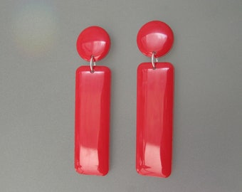 Red Earrings, Long Rectangular Statement Earrings, Red Acrylic Post Dangle Earrings, Large Geometric Earrings, Plexiglass Resin Earrings