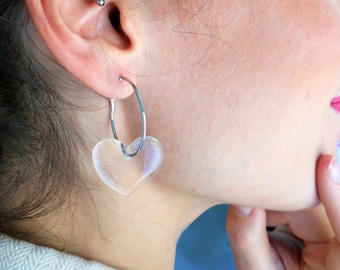 Clear Heart Hoop Earrings, Acrylic Heart Hoops, Transparent Lucite Earrings, Silver Hoop earrings, Love Charm Earrings, Acrylic Jewellery