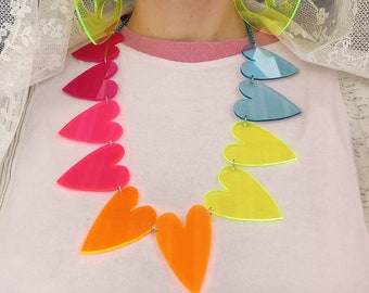 Neon Hearts Necklace, Fluo Rainbow Statement Necklace, Laser Cut Acrylic Necklace, Fluorescent Fuschia Green Bib Necklace, Festival Jewelry