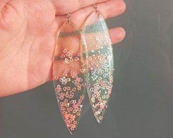 Sparkly Statement Earrings, Long Resin Glitter Earrings, Clear Oversized Earrings, Huge High Fashion Earrings, Large Dangly Earrings