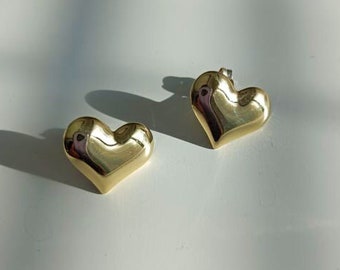 Gold Heart Earrings, Small Brass Stud Earrings, Cute Retro Heart Shaped Earrings, Minimalist Heart Post Earrings, Valentines Gift