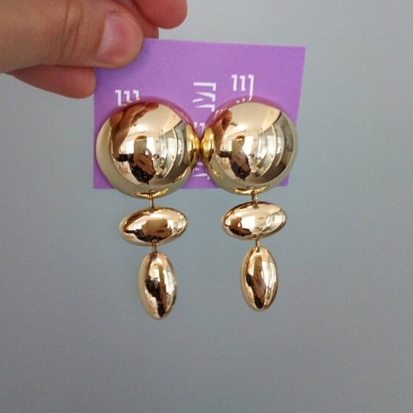 Gold Statement Earrings, Vintage Style Dangle Earrings, Half Dome Drop Earrings, Large Handmade Brass Earrings, Bubble Retro Style Earrings