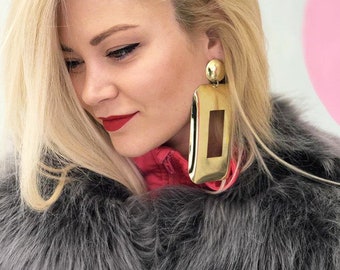 Gold Statement Earrings, Big Brass Earrings, Large Bold Earrings, Huge Vintage Style Earrings, 80s Inspired, Retro Post Dangle Earrings