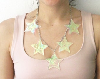 Star Statement Necklace, Laser Cut Acrylic Holographic Necklace, Plexiglass Jewelry, Iridescent Pastel Rainbow Space Galaxy Necklace