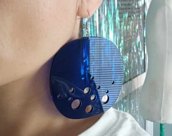 Big Blue Earrings, Large Acrylic Earrings, Clear Blue Statement Earrings, Bold Perforated Earrings, Bubble Earrings, Huge Costume  Earrings