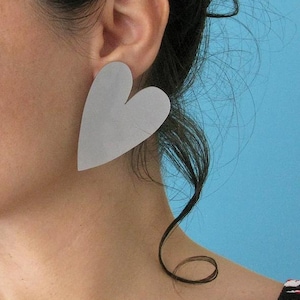 Acrylic Heart Earrings, Large Laser Cut Post Earrings, Hypoallergenic, Silver Grey Love Earrings, 80&#39;s Inspired Plexiglass Disco Earrings