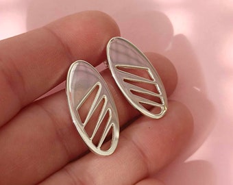 Clous d'oreilles ovales en argent, Boucles d'oreilles rétro en argent sterling, Boucles d'oreilles nostalgie, Boucles d'oreilles de tous les jours, Boucles d'oreilles minimalistes à tige longue, Glam des années 80