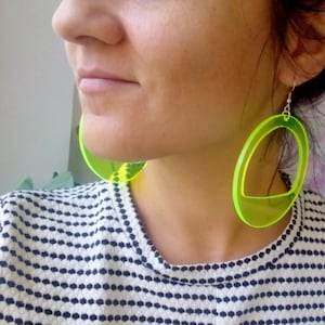 Neon Acrylic Hoop Earrings, Large Fluorescent Earrings, 3 Inch Fluo Green Hoops, Oversized Festival Statement Earrings, Big Party Hoops image 8