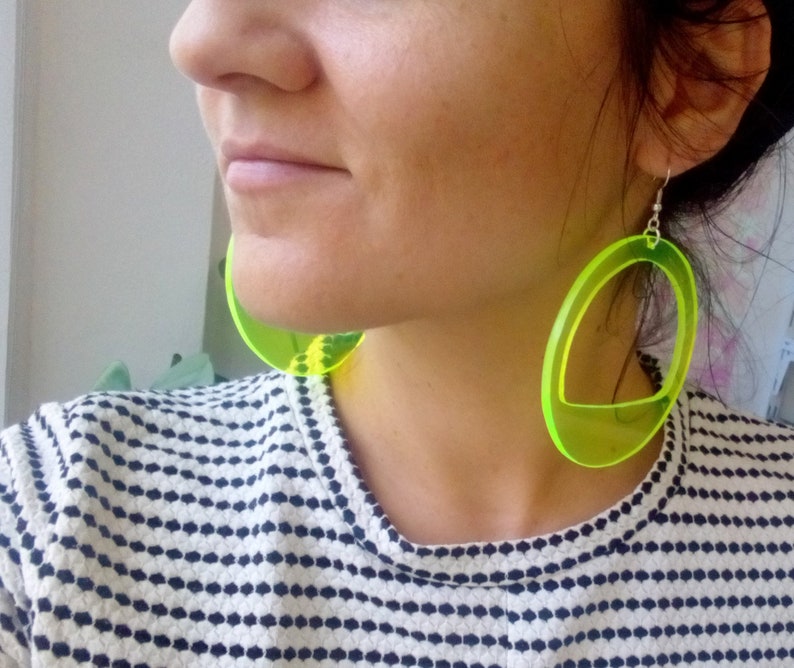 Neon Acrylic Hoop Earrings, Large Fluorescent Earrings, 3 Inch Fluo Green Hoops, Oversized Festival Statement Earrings, Big Party Hoops image 8