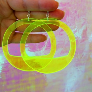 Neon Acrylic Hoop Earrings, Large Fluorescent Earrings, 3 Inch Fluo Green Hoops, Oversized Festival Statement Earrings, Big Party Hoops image 1